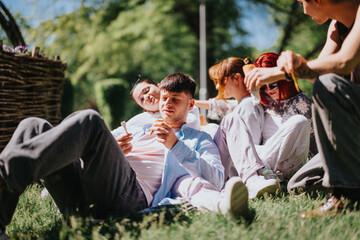 A group of friends lounging on the grass, eating ice cream and enjoying a carefree sunny day in a...