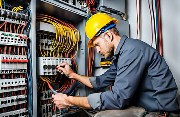 A professional electrician man works with an electrical connecting cable in a switchboard, Electrician repairing.