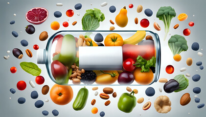Fruits, vegetables nuts and beans inside a nutrient pill. Medicine & health concept. Nutritional supplements and multi vitamin supplements in a capsule. Natural medication concept.