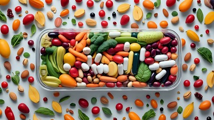 Fruits, vegetables nuts and beans inside a nutrient pill. Medicine & health concept. Nutritional supplements and multi vitamin supplements in a capsule. Natural medication concept.