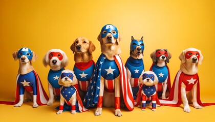 Fototapeta premium Playful Superhero Dogs in Vibrant Costumes American Flag