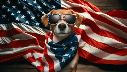 Proud American Dog in Front of Waving Flag