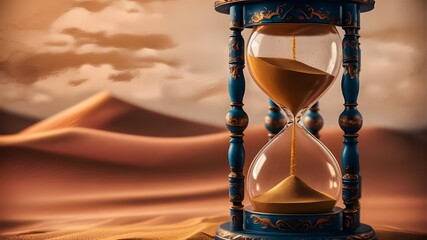 A hourglass with the sand in the background and a gold colored background.