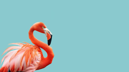Flamingo on light blue background with space for text. Summer banner