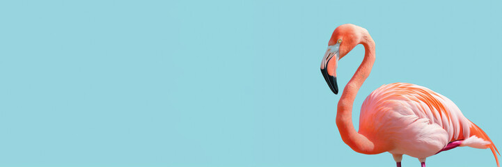 Flamingo on light blue background with copy space. Summer banner
