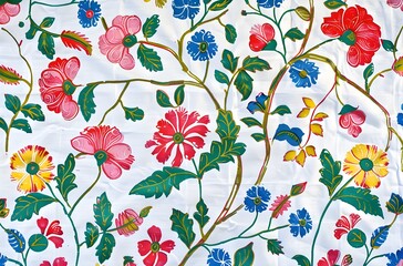A print of Indian blockprint wallpaper featuring vintage textile patterns of colorful floral motifs on a white background in the style of a traditional fabric 