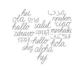Hello write calligraphy word, continuous line drawing. Greeting on different language. Vector illustration © Iuliia