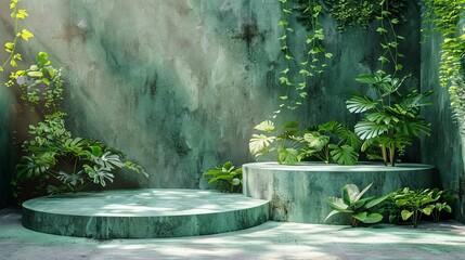 Elegant concrete podiums complemented by lush, diverse tropical plants, set against a textured green concrete wall, bathed in natural light.