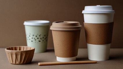 Eco-friendly biodegradable coffee cup, box, blow, plate, straw made by paper and recycle packaging.