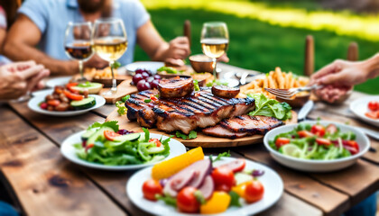 closeup of a backyard dinner table have a tasty grilled BBQ meat, Salads and champagne and happy joyful people on background.