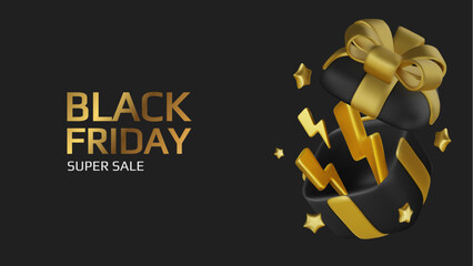 Black Friday super sale. Promo background with realistic 3d cartoon style elements, black gift, percent symbols, stars, percent symbols. Promotion banner, web poster. vector illustration