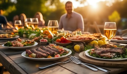 closeup of a backyard dinner table have a tasty grilled BBQ meat, Salads and champagne and happy joyful people on background.