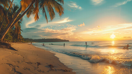Panoramic view of tropical beach with surfers
