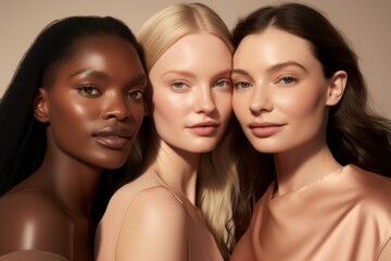 Three beautiful women with varying skin tones in make up skincare product advert on light beige background | glowing clear skin | golden hue