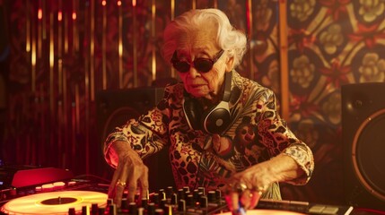 Elderly woman dj playing music at a party in a nightclub