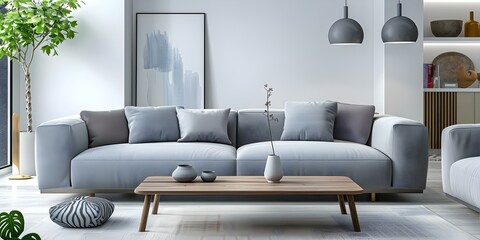 Stylish Modern Scandinavian Living Room with Gray Sofa, Wooden Table, and Designer Lighting. Concept Scandinavian Design, Gray Sofa, Wooden Table, Designer Lighting, Modern Styling