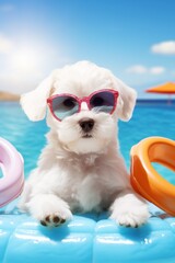 dog with sunglasses and straw hat on the beach Generative AI