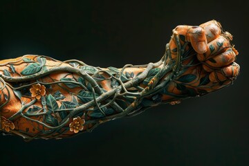 Fototapeta premium A detailed human arm with intricate patterns of orange and brown mycelium