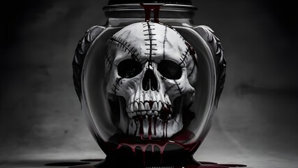 A skull with blood on it is in a glass vase.