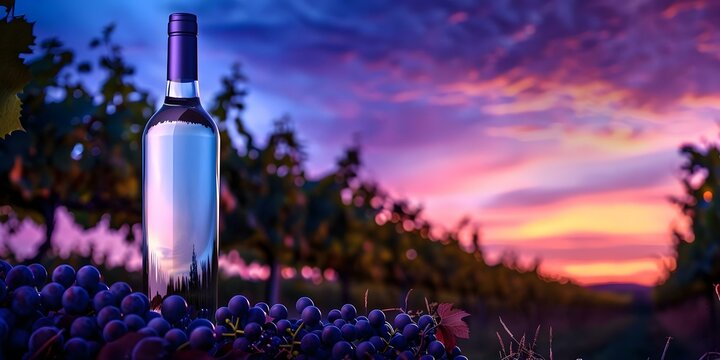 White wine bottle mockup in sunset vineyard setting for promotional advertising. Concept Wine Bottle Mockup, Sunset Vineyard, Promotional Advertising, White Wine, Outdoor Setting
