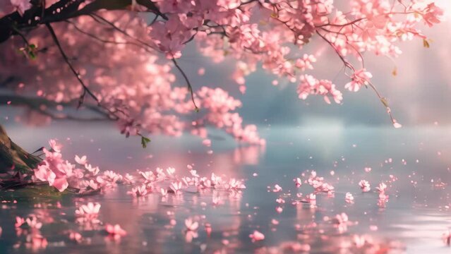 Cherry blossom petals blow in the wind over the calm surface of the water.
