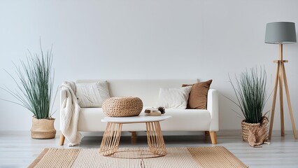 Modern living room with white couch and potted plant against blank wall in Scandinavian style