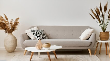 Minimalist living room with a sleek gray couch and a stylish vase on a Scandinavian style layout