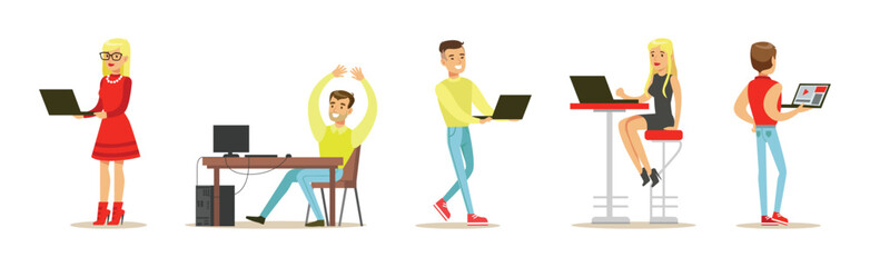 Man and Woman Freelancer Working from Home with Computer Vector Set