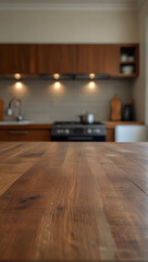 Close up of a wooden with a soft blur on kitchen in background