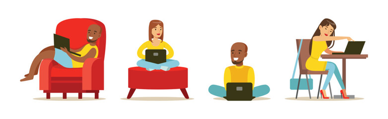 Man and Woman Freelancer Working from Home with Computer Vector Set
