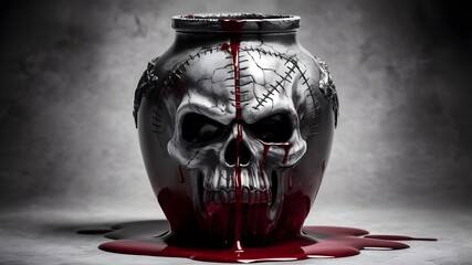A skull with blood on it is in a glass vase.
