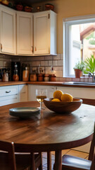 A bowl full of lemons on a wooden table in a kitchen