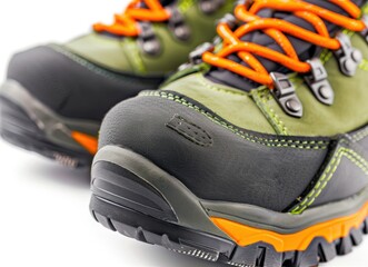 Pair of Green safety leather shoes isolated on white background, Work shoes for men in factory or industry to protect foot from accident. Safety footwear. Oil and acid resistant shoes