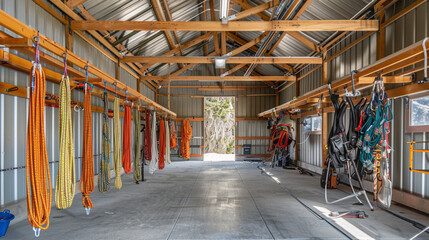 Fototapeta premium Empty mountaineering gear shed with high ceilings, racks for ropes and ice axes, all orderly but unused.