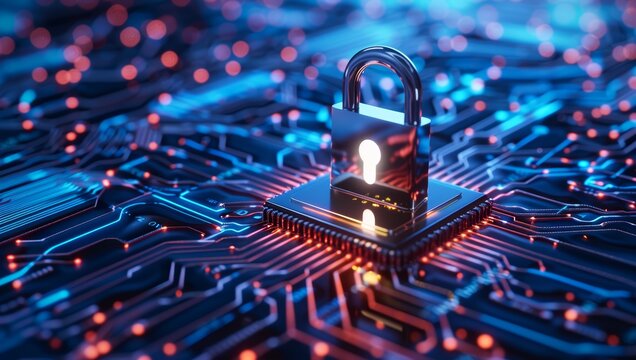 A digital lock symbolizing data security and cyber protection on top of an electronic circuit board, with glowing lines representing network connections in the background