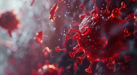 A red circular virus floating in the air with a blurred background.