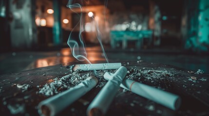 Top view high-res photo of cigarettes on a table with hyper-realistic color grading.