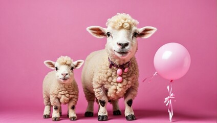 sheep and lamb on pink