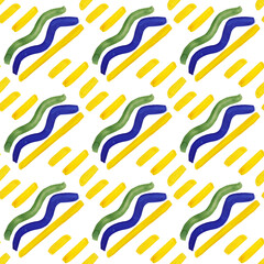 Flat basic retro banner. Gouache drawing. Wave stripe of blue, green and yellow. Abstract geometric ornament. Seamless pattern of brush stripes