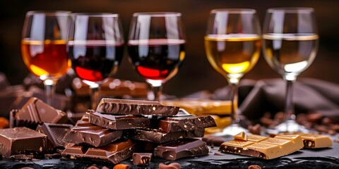 Chocolate wine flight with red white and dessert wines paired with decadent chocolate. Concept Wine Tasting, Chocolate Pairing, Red Wine, White Wine, Dessert Wine