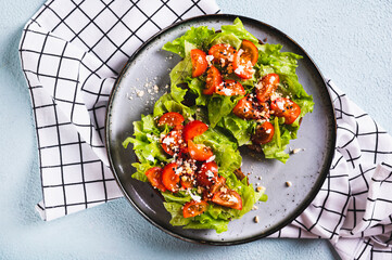 Close up of bruschetta on rye bread with lettuce, tomatoes and sesame on a plate top view