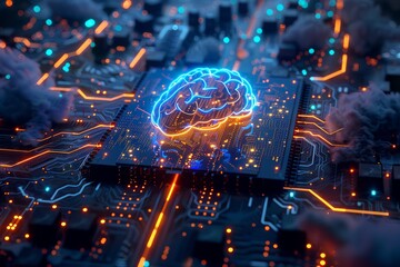 A high-tech chip with glowing data flowing out of it, surrounded by circuit boards and wires on the top right side of an electronic board
