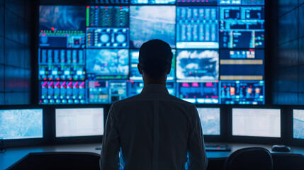 High-tech control room monitoring operations in a facility