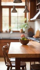 Close up of wooden table with a salad bowl