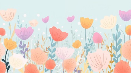 Stylized Pastel Floral Illustration with Colorful Blooming Flowers