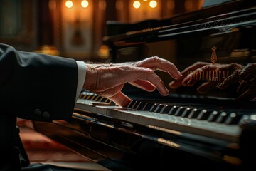An individual with a deep focus plays a piano, their fingers dancing effortlessly over the keys,...