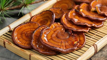 Sliced reishi mushrooms displayed on a bamboo tray, emphasizing their adaptogenic and immuneboosting properties