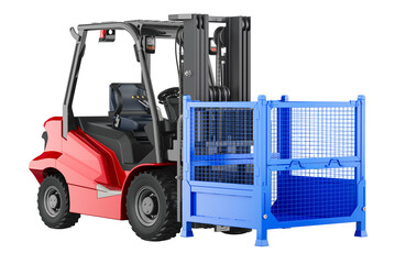 Warehouse forklift truck with collapsible mesh cage. 3D rendering isolated on transparent background