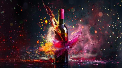 Vibrant wine bottle explodes with colorful liquid perfect for advertising or celebration. Concept Product Photography, Colorful Splashes, Wine Advertisement, Celebration Theme, Vibrant Display