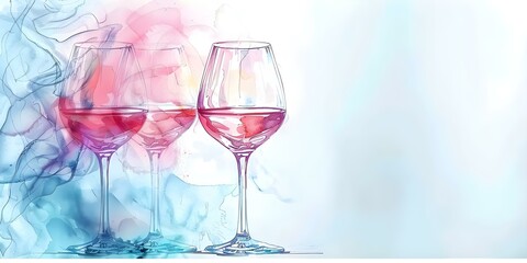 Romantic Pink Watercolor Wine Glasses Design for Valentine's Day or Anniversary Card. Concept Valentine's Day, Anniversary, Watercolor Design, Wine Glasses, Romantic Theme